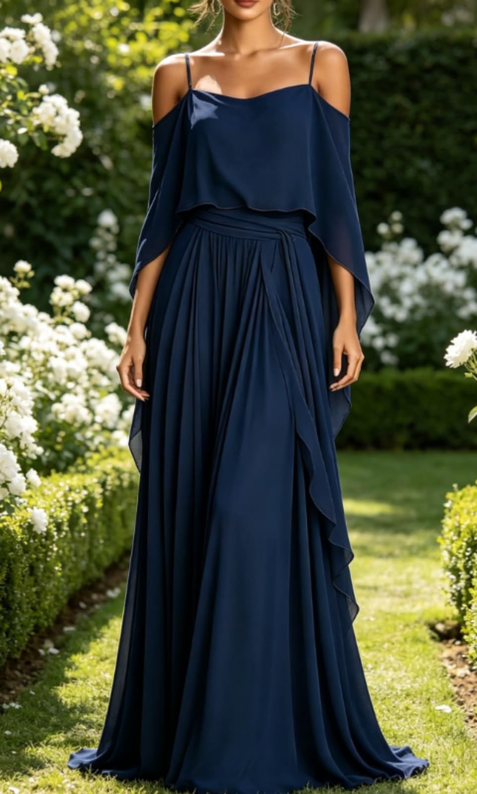 Abito lungo da donna in chiffon, elegante, con volant e spalle scoperte