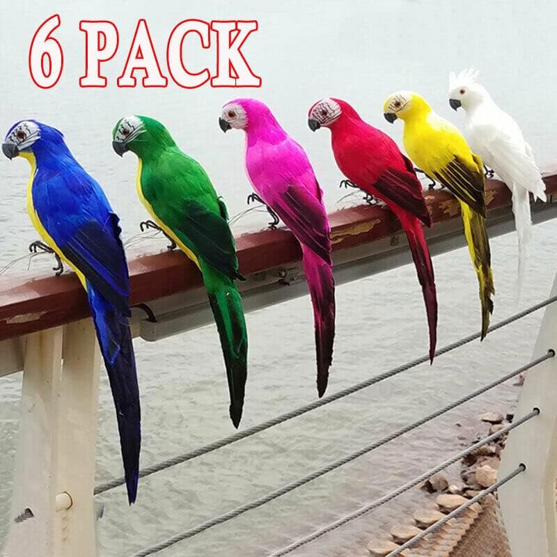 TEAMWILL 6PACK 10inch 25cm Lifelike Artificial Birds Feathered Fake Shoulder Parrot Decor Model for Decoration Craft Prop Fake Parrot Artificial Bird Model Outdoor Home Garden Lawn Tree Decoration