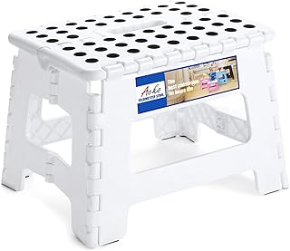 ACKO Folding Step Stool 9 Inch Step Stool 300 lb Capacity Plastic Foldable Step Stools for Kids and Adults, Folding Stool Suitable for Kitchen, Stepping Stool with Handle White Small Step Stool 1PC