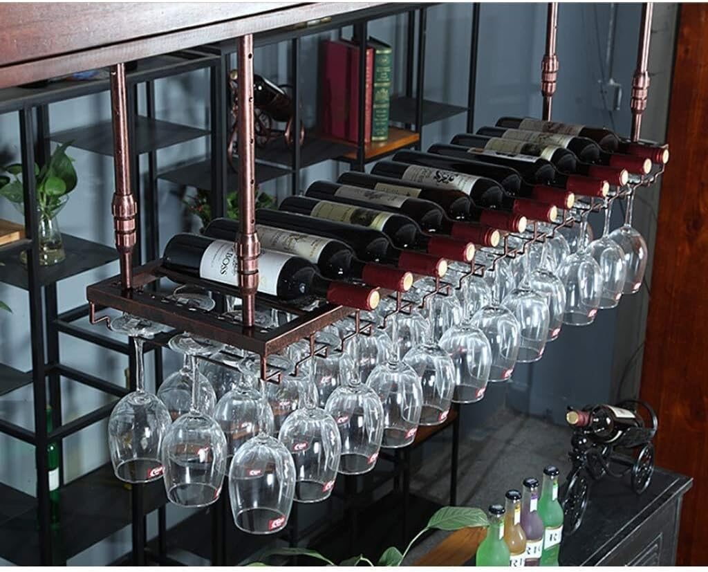 Ceiling Mounted Wine Rack with Goblet Holder, Vintage Hanging Wine Bottle & Glass Storage