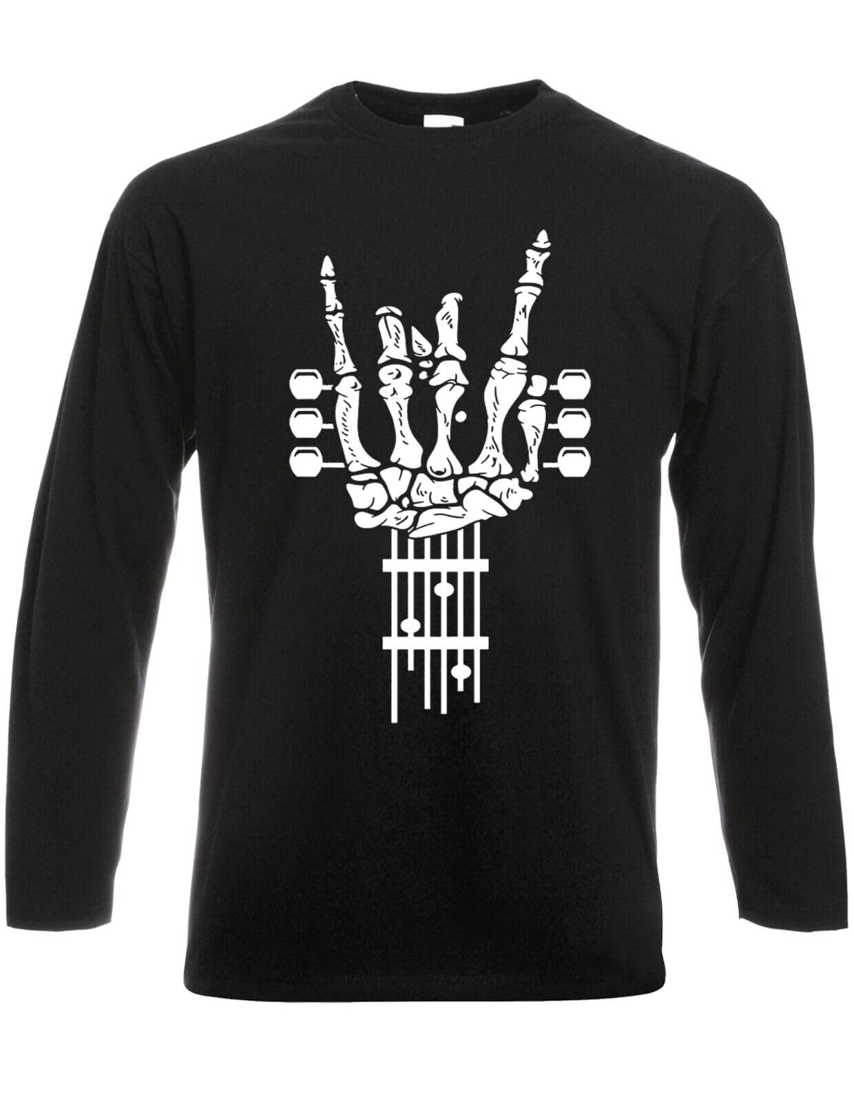 Rock On Guitar Long Sleeve T-Shirt Music Metal Guitars Goth Punk Skeleton Skull (Black, L)