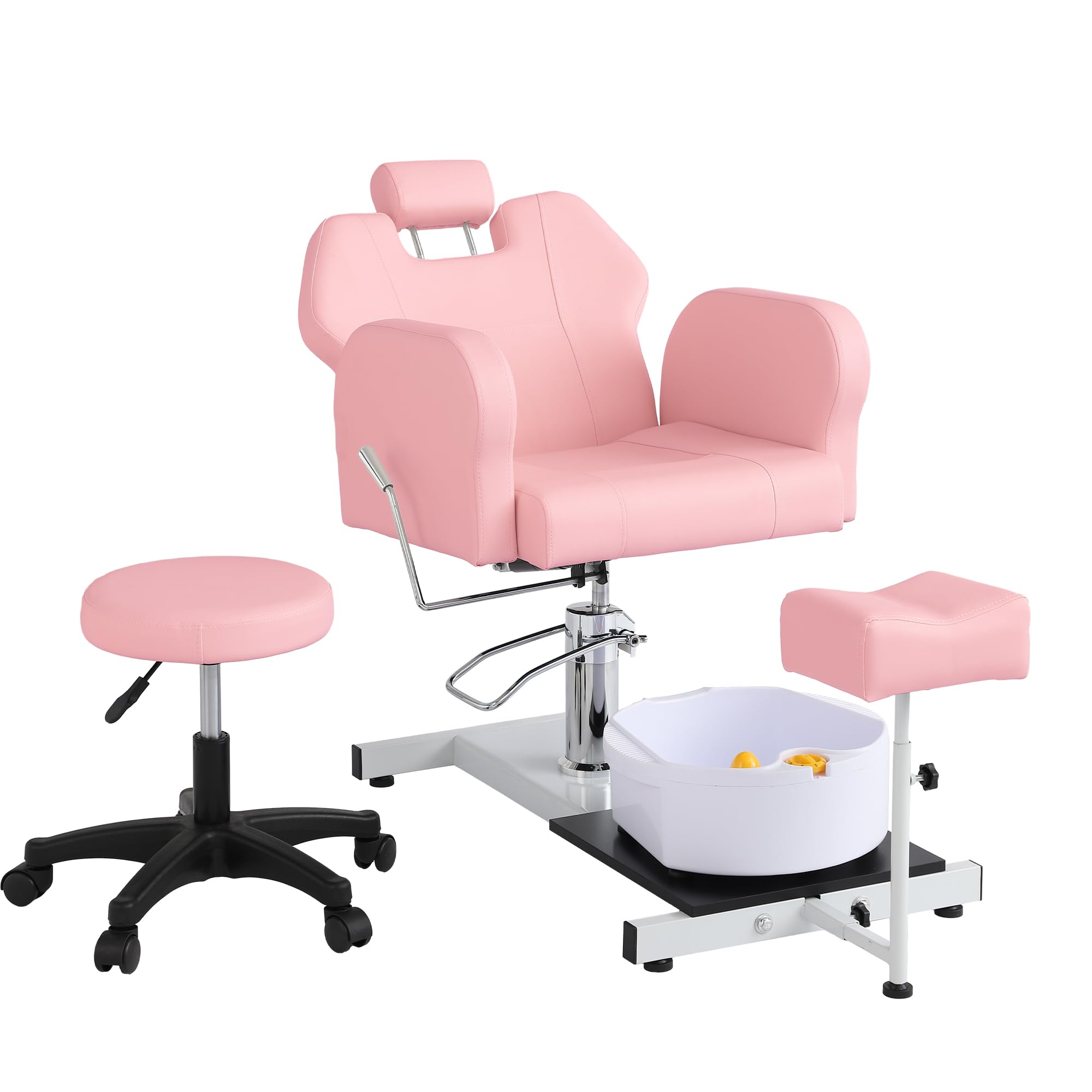 Pedicure Chair, Baber Chair, Hydraulic Pedicure Station No Plumbing, with Foot Basin, Stool, Adjustable Pedicure Manicure Footrest for Nail Tech (Pink)