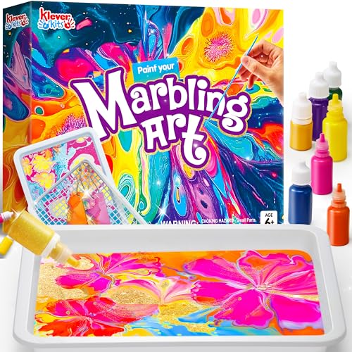 Klever Kits Marbling Paint for Kids, Metallic Gold Water Marble Paint Art, Arts and Crafts for Girls & Boys 6-12 Years Old, Craft Kits, Birthday Gifts Ideas Activities Toys