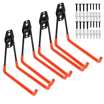 Heavy Duty Garage Storage Utility Double Hooks,Extended Wall Mount Tool Holder Organizer for Ladders,Bike,Chair (4 Pack Orange 7.5