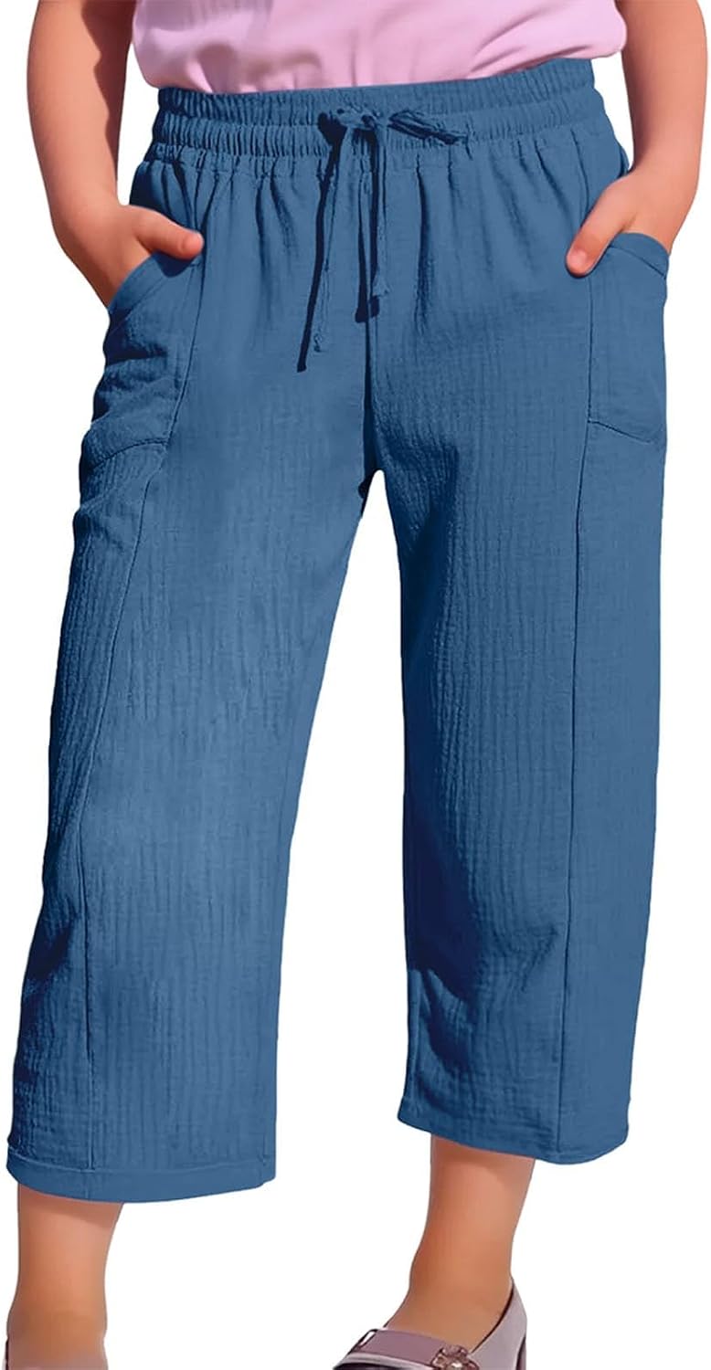 Girls Linen-Blend Capri Pants Casual Cotton Linen Cropped Pants Breathable Loose Thin 𝐋ounge Capris Wide Leg Trousers