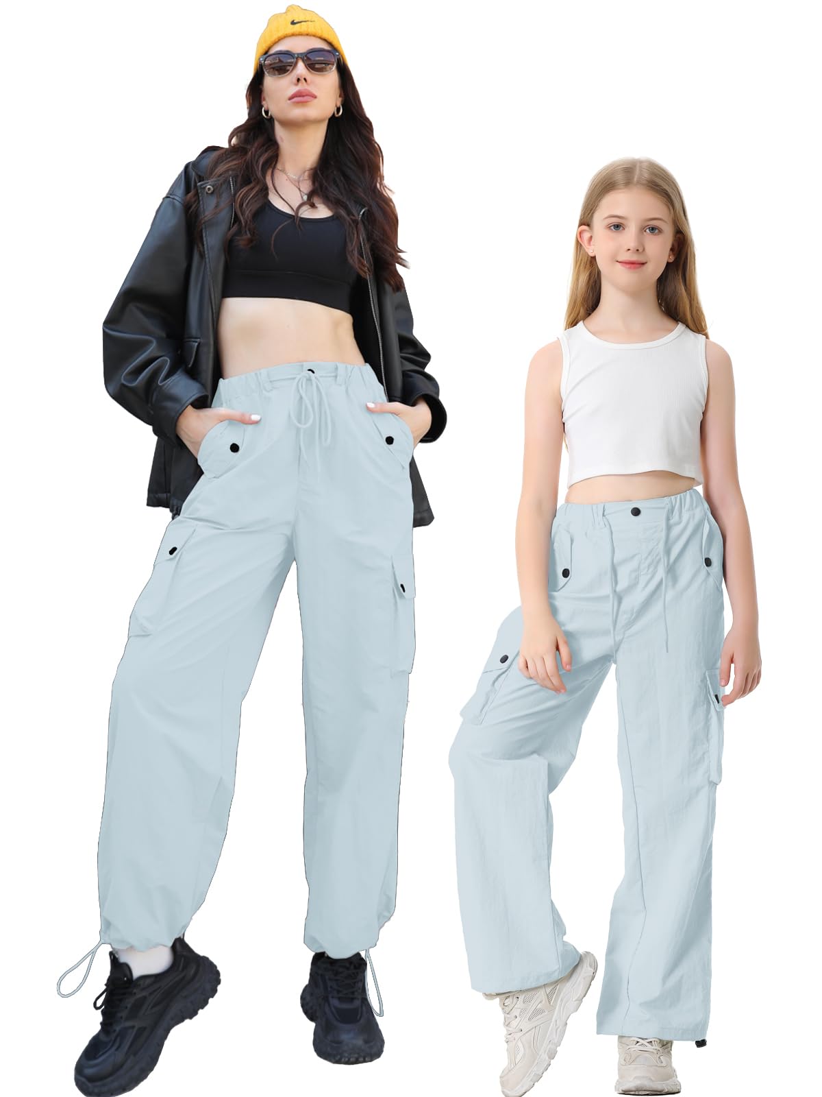 Betusline Girls Womens High Waist Wide Leg Cargo Pants Y2K Parachute Pants with Pockets and Drawstring 6 Years-Women