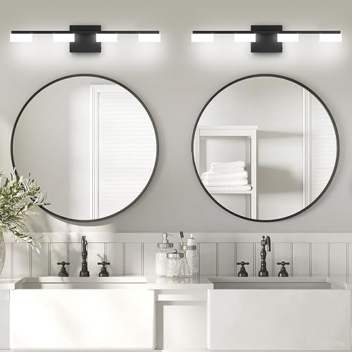 Miniatura 6 de MYTH REALM Lámparas LED modernas para baño sobre el espejo, 4 luces regulables de tocador, luz acrílica negra mate, ajustable de 2700 K-6500 K,