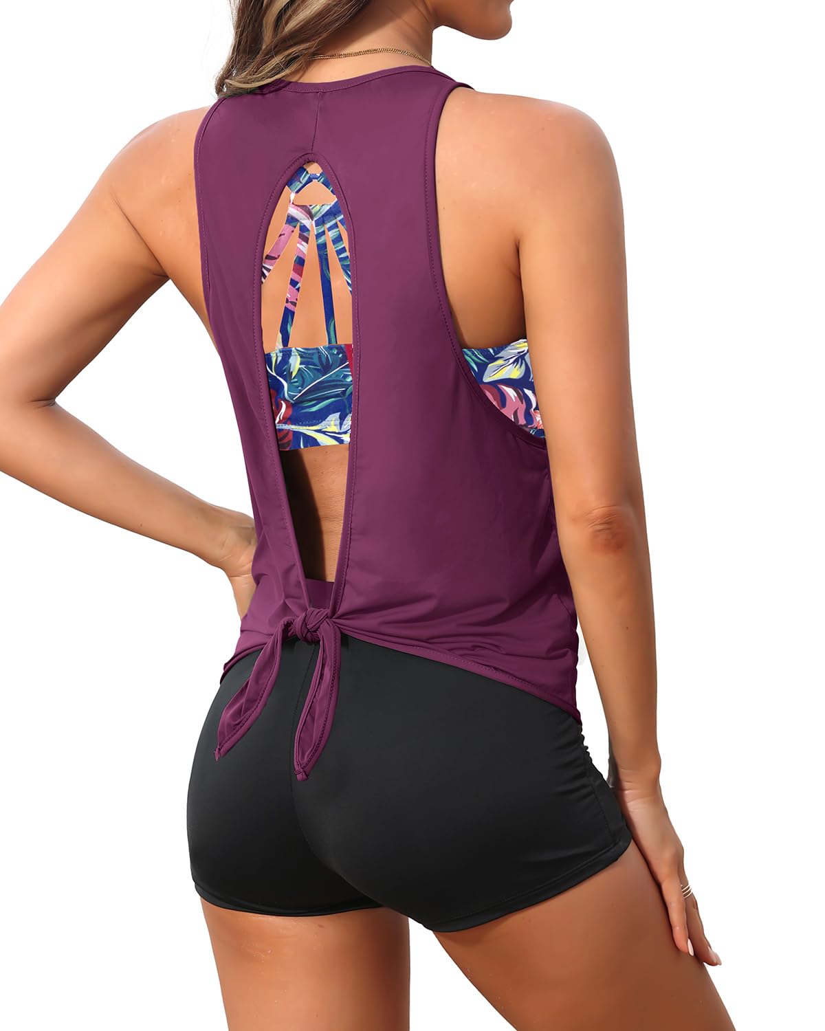 Aqua Eve Damen-Badeanzug, Tankini, 3-teilig, Badeanzug, Tanktop mit Shorts, offener Rücken, sportlicher Badeanzug