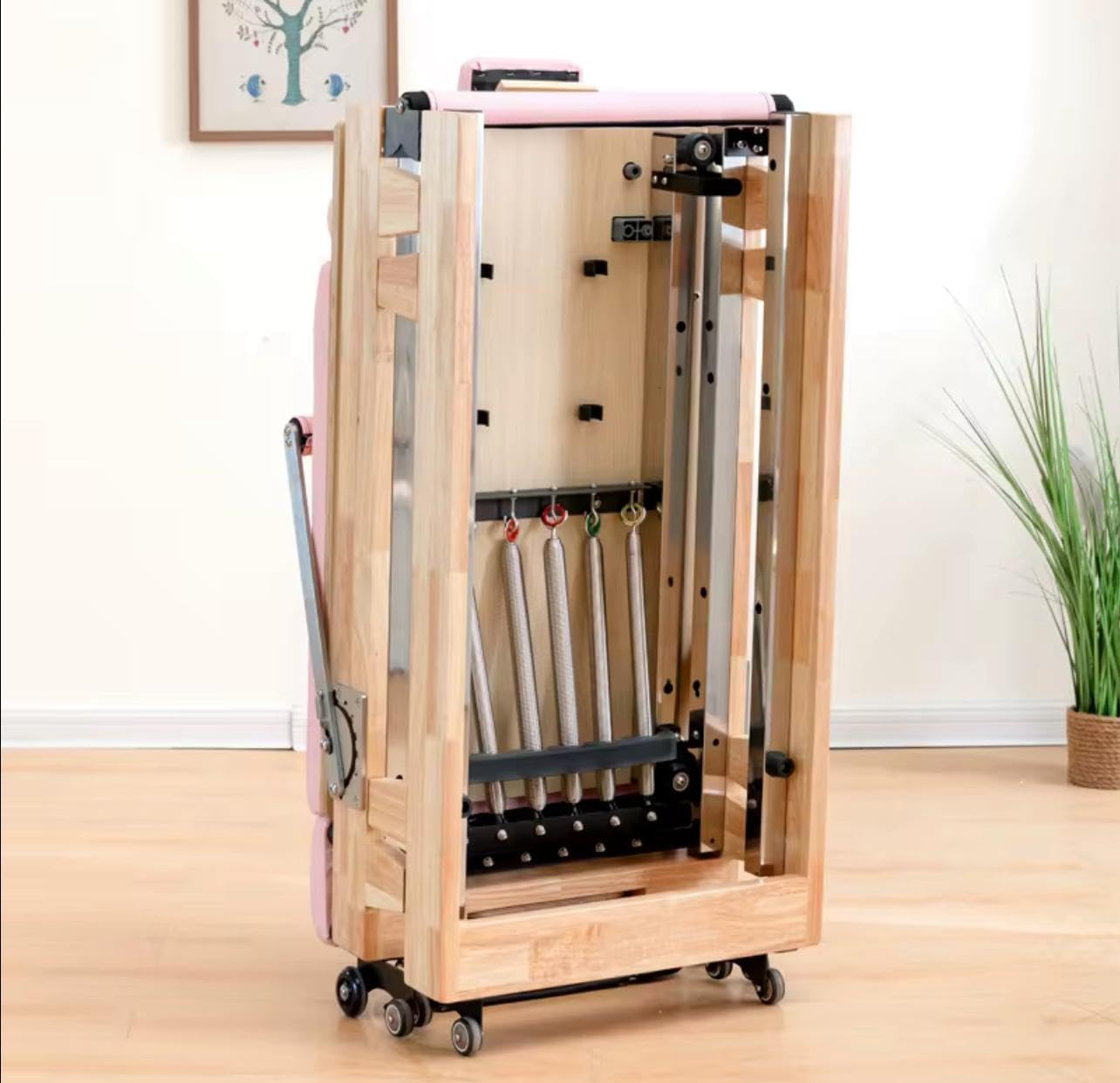 Foldable Pilates Reformer Machine Pink, Wooden Frame, Professional Exercise Equipment