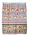Blue Pink Green Boho Fabric Shower Curtain: Floral Damask with Geometric Border Design, Multi Colored, 70" x 72" inch