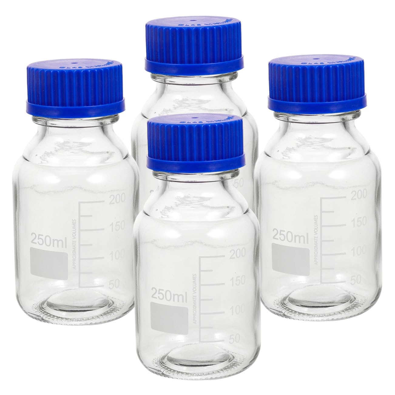 Set con Tappo a Vite Resistenti All’usura e Riutilizzabili da 4 Bottiglie Reagenti Graduati in Vetro Blu da 250ml per Laboratori Chimici