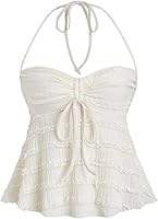 SOLYHUX Women's Y2K Peplum Halter Crop Top - Drawstring Tie Ruched Spaghetti Strap Cami for Summer Casual