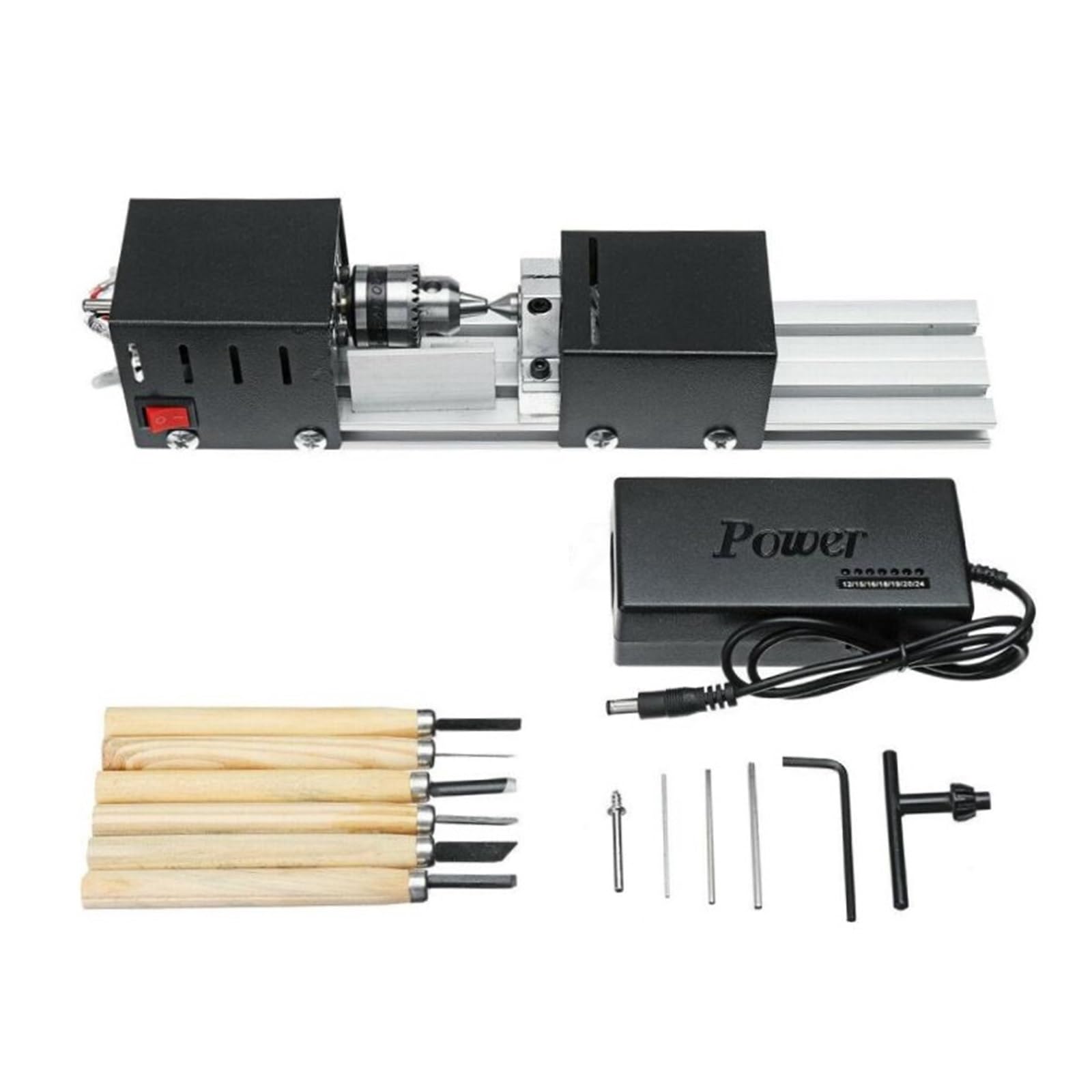 200W Mini Tokarka Koraliki Maszyna Do Obróbki Drewna DIY Tokarka Polerowanie Zestaw Wierteł Z Adapterem Frez Rzeźbiarski Tokarka Do Drewna I Wysoka Precyzja, Stabilność, Niski Poziom HałAsu(Black)