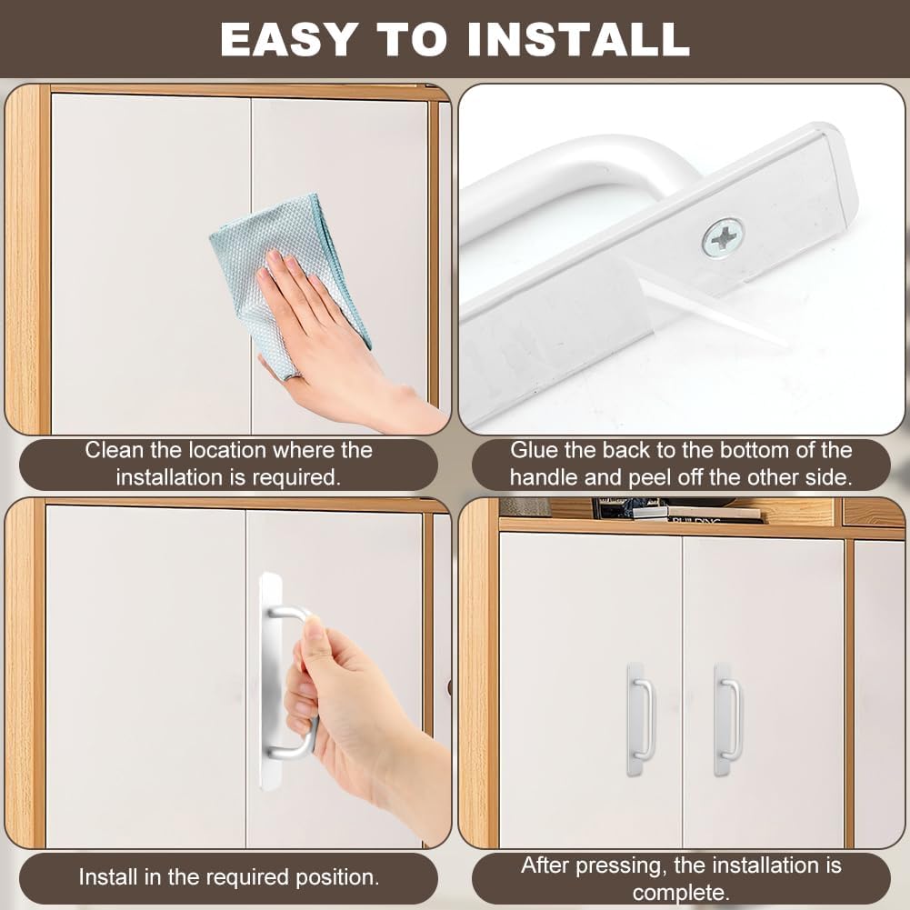 CALIDAKA Adhesive Cabinet Handles, 5.83-inch, 2-Pack, Push Pull Handles for Sliding Door, No-Drill Installation -for Kitchen Cabinets, Bathroom Vanities, Sliding Closet Doors (Silver)
