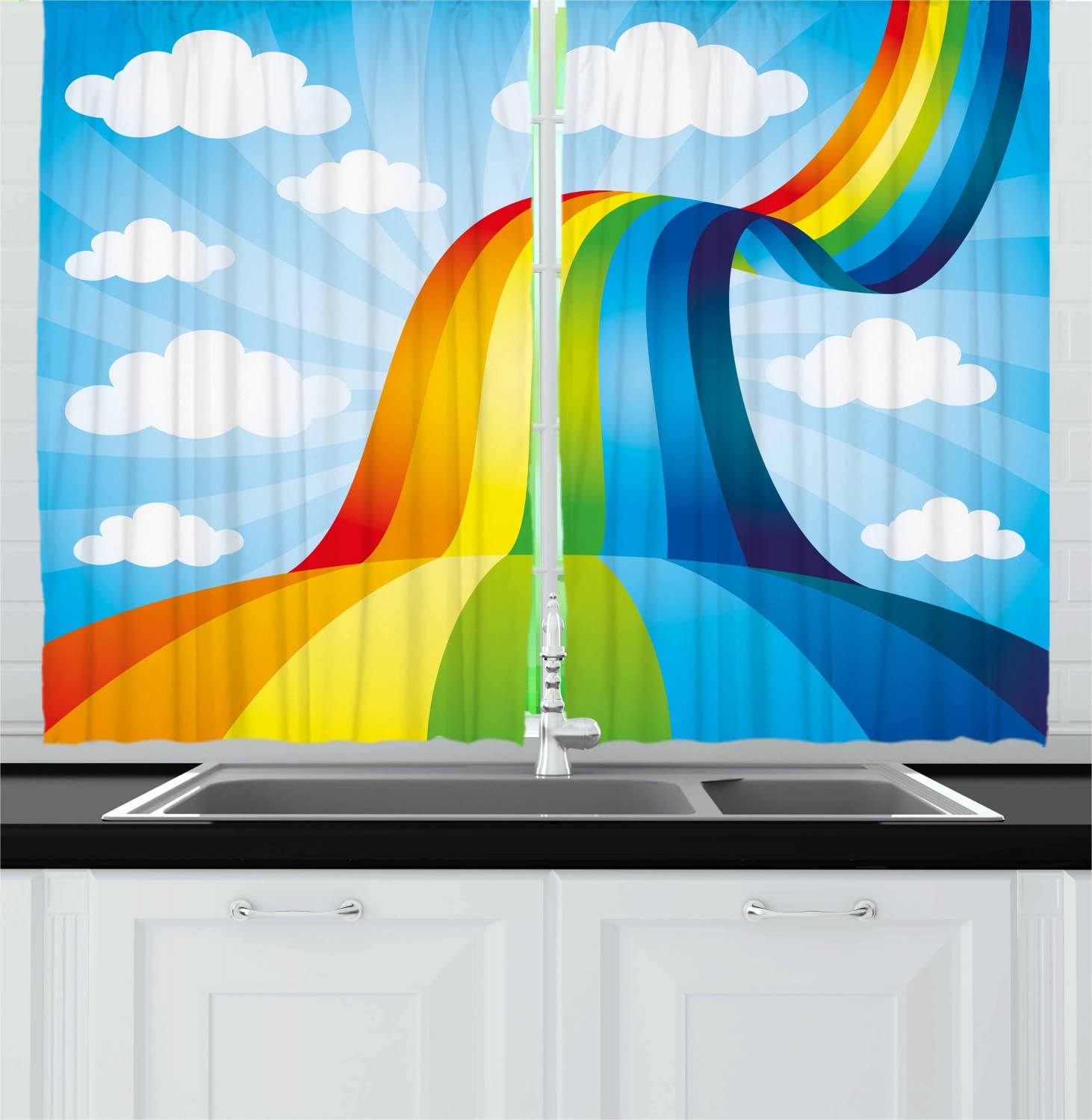 Ambesonne Rainbow Long Kitchen Curtains, Rainbow Road Clouds Abstract Cartoonish Expression Natural Events Ribbon, 2 Panel Set Drapes with Rod Pocket Room Decor, 55