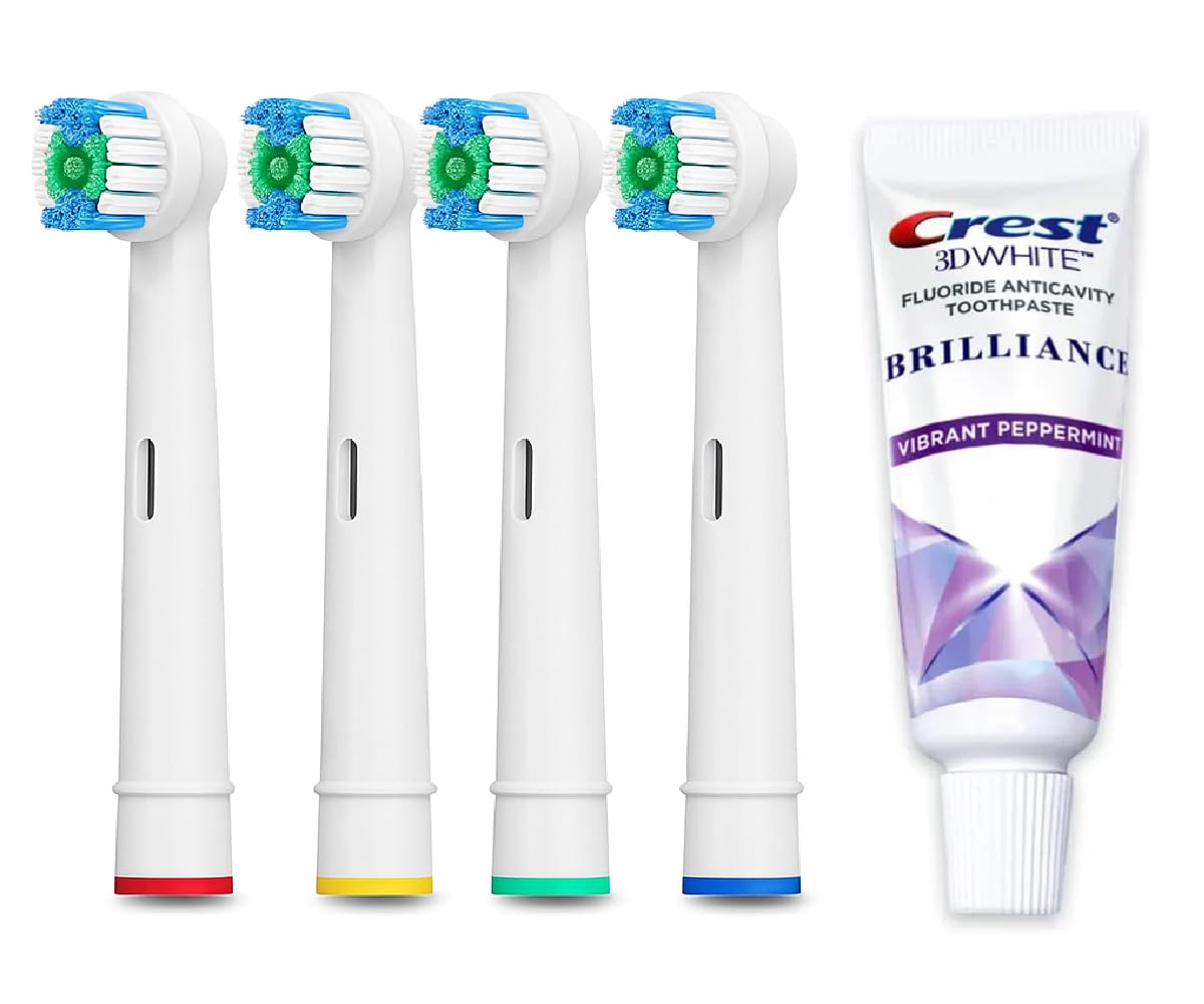 KAV PLUS Electric Toothbrush Heads Compatible with Oral-B – Pack of 4 Replacement Toothbrush Heads – Bonus Whitening Toothpaste Included – Vibrant Peppermint, 24g (4 Heads + 1 Toothpaste)