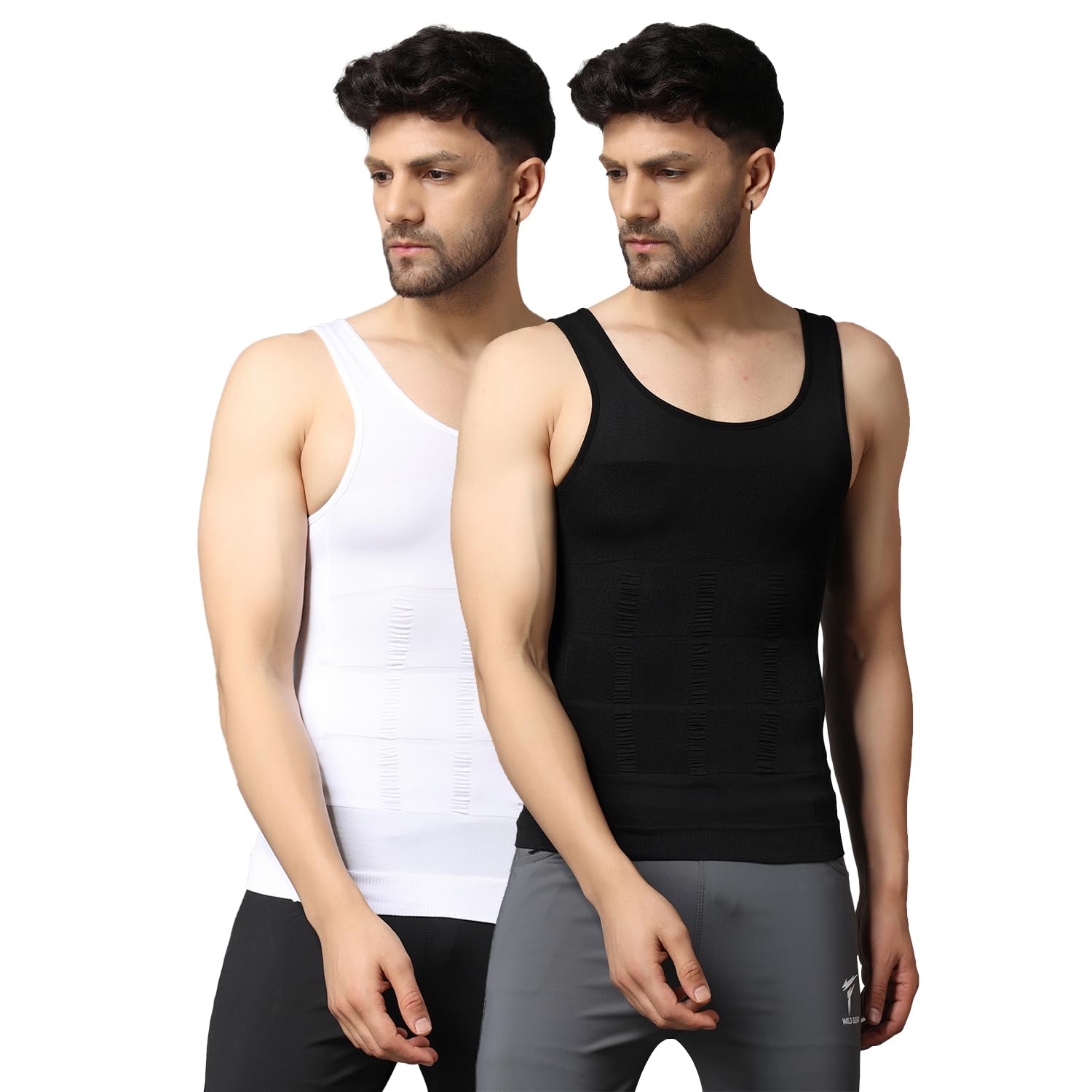Stretchable Slimming Innerwear Shirt Tummy Tucker Vest for Men Slim Fit Tummy Control Tank Top Compression Vest Men Shapewear - Pack of 2 - Black & White