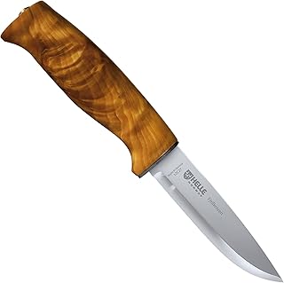 HELLE Knives - Fjellkniven - H3LS - Men's Outdoor Knife for Hunting and Camping, Fixed Blade with Curly Birch Wood Handle, Triple Laminated Stainless Steel - Scandi Grind - Leather Sheath - HELLE