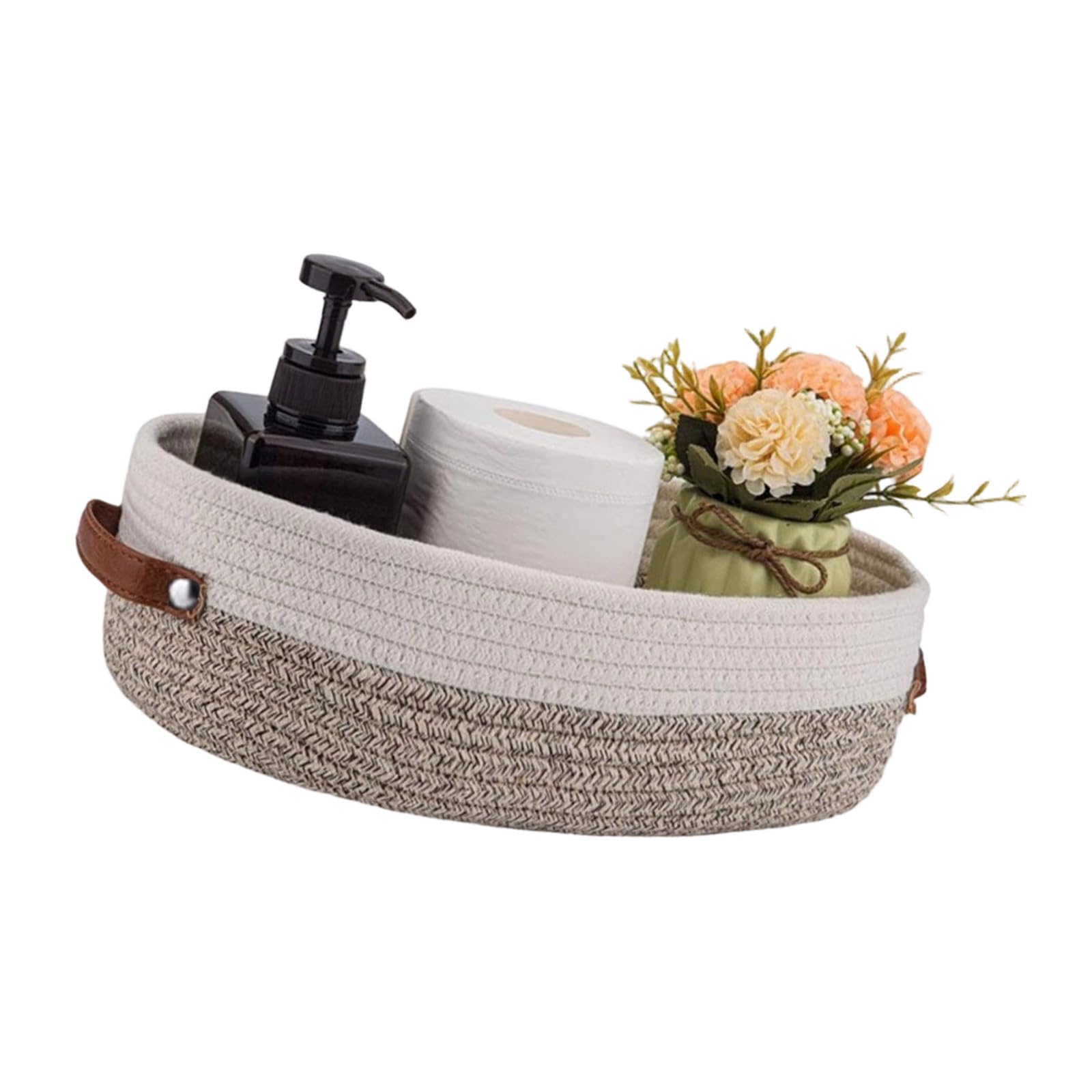 PANGBOER Stylish Oval Shape Handwoven Cotton Rope Basket with Soft Leather Handles for Clothes Toy Storage Cotton Rope Storage Basket with Leather Handle