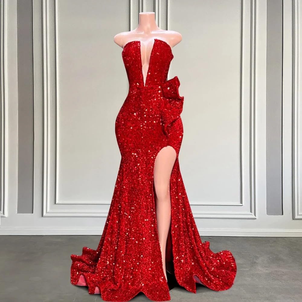 Engerla Women's Sequined Red Mermaid Evening Dress Formal Party Split Dress Prom Gown US14 - Image 2