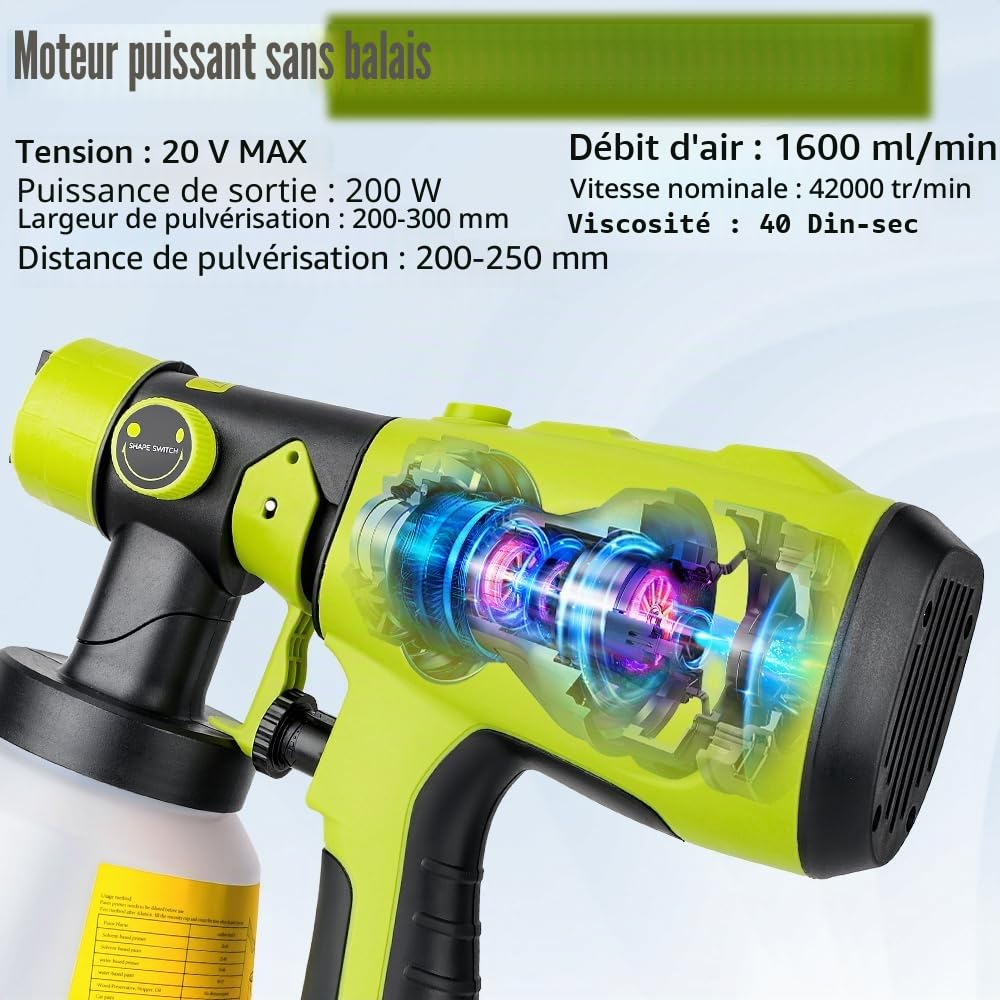 Pulvérisateur de peinture sans fil compatible avec batterie au lithium Ryobi 18 V One+, pistolet pulvérisateur de peinture HVLP 200 W, 4 buses, 3 motifs pour meubles de maison, clôtures, terrasses