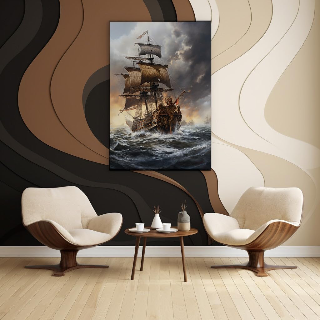 Canvas for Living room. Stormy Seas and Skull Flags: A Pirate Ship's Perilous Voyage, 27 x 18 inch Canvas Wall Art - Modern Home Decor