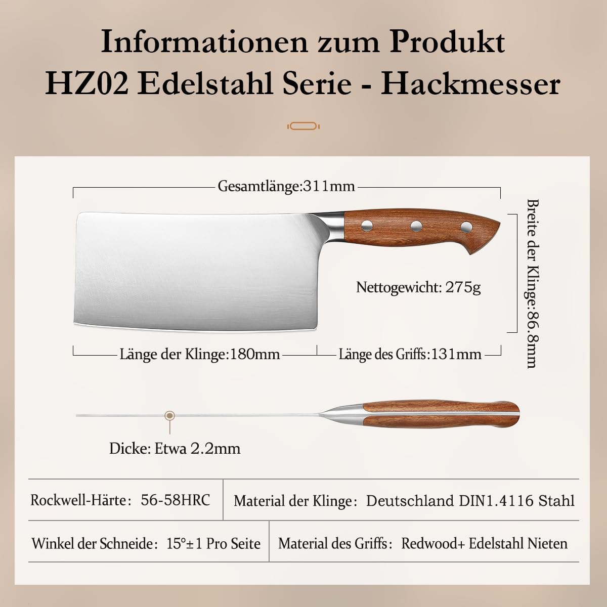 HEZHEN 18cm Hackmesser, Profi Chinesisches Kochmesser, German Stahl Scharf Küchenmesser, Gemüse Fleischbeil Schneidemesser, Ergonomischer Griff aus Redwood