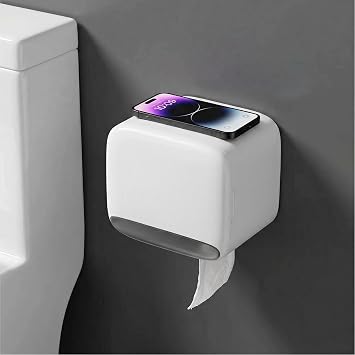 Self Adhesive Toilet Paper Holder with Shelf, Waterproof Covered Toilet Paper Roll Holder Wall Mount, Cat Proof Toilet Tissue Holder for Bathroom and Washroom, White