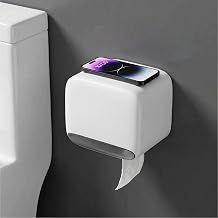 Self Adhesive Toilet Paper Holder with Shelf, Waterproof Covered Toilet Paper Roll Holder Wall Mount, Cat Proof Toilet Tissue Holder for Bathroom and Washroom, White