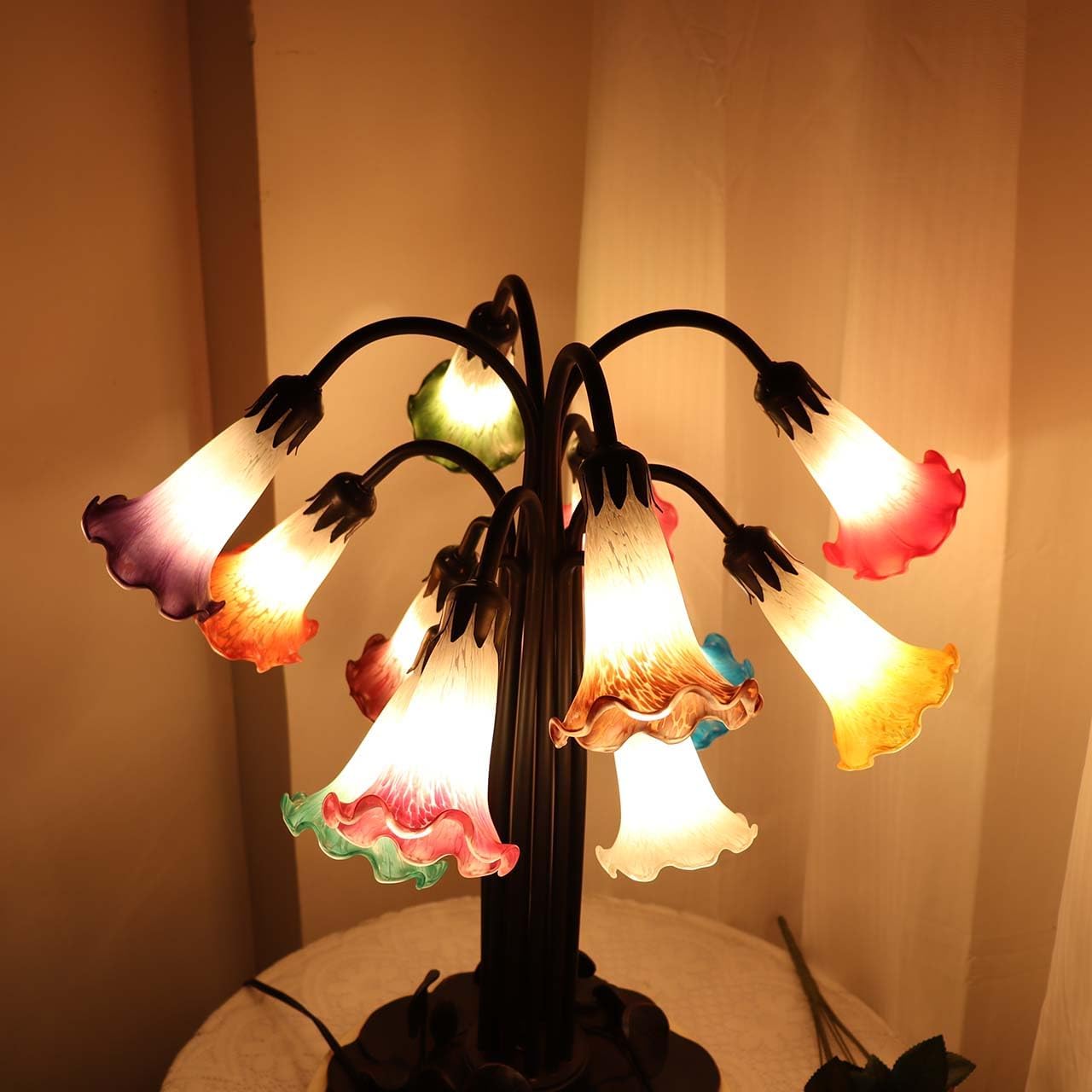 Bieye L10952 Lily Flower Blown Glass Accent Table Lamp for Living Room Bedroom Decoration Multicolor 12-Light