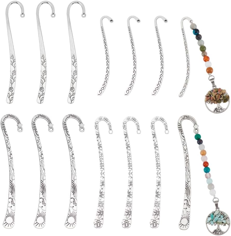 UNICRAFTALE 12Pcs Tibetan Style Bookmarks Findings Antique Silver 4 Styles DIY Vintage Bookmark Unique Carved Hook Pendant Charm Book Marker with Loops for Student Teacher Book Lover Project
