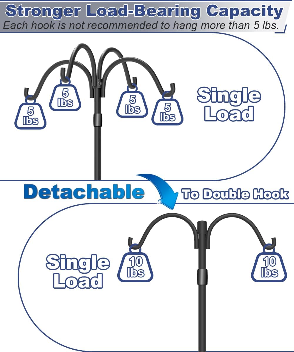 Upgrade 4-Hook Shepherds Hooks for Outdoor with Plastic Tube, 92" Heavy Duty Bird Feeder Pole with 5 Prongs Base, Adjustable Garden Hook for Solar Light, Hanging Plant, Wedding Decor, 1 Pack