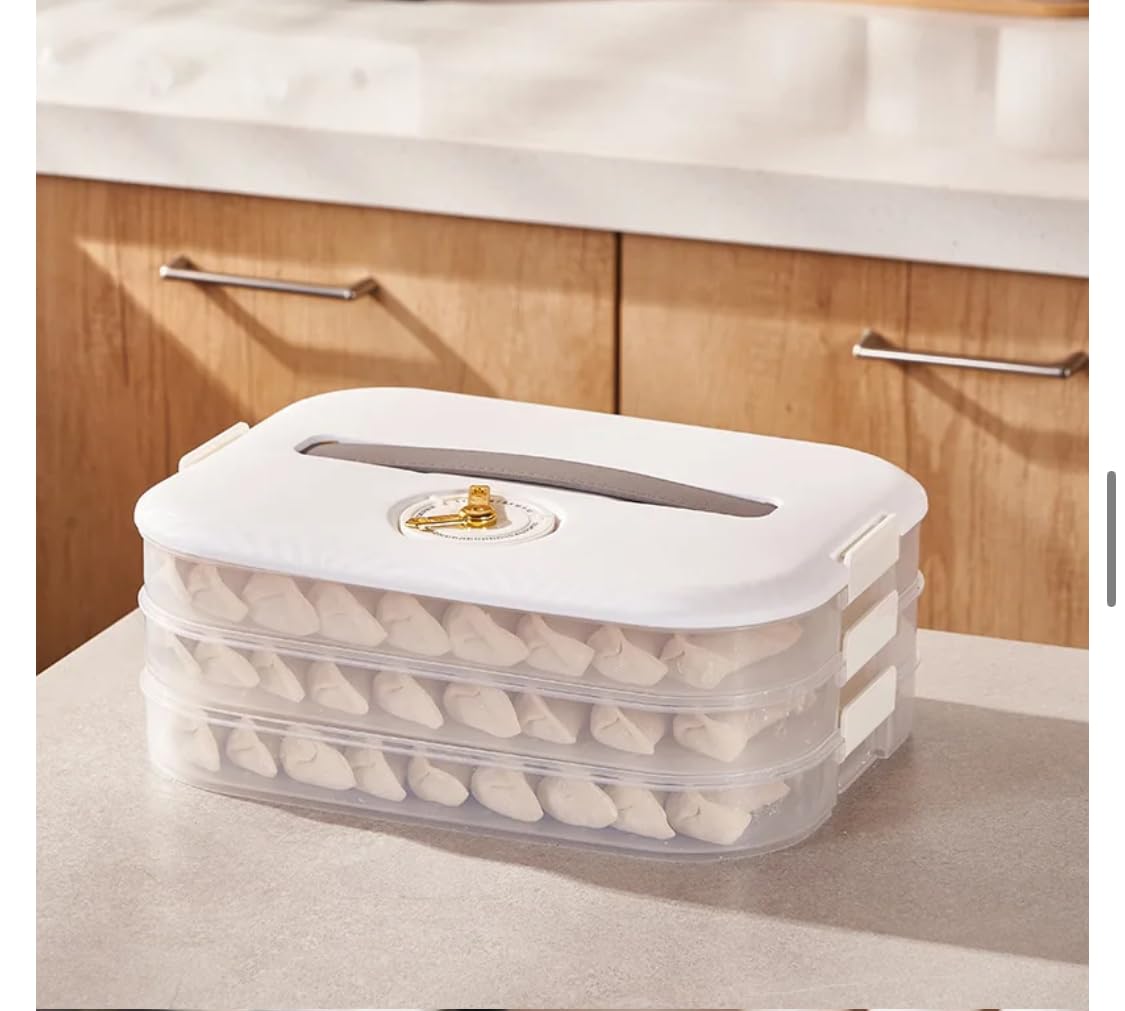 Generic Refrigerator Freezer Food Storage Container Cold Storage Box with Lid, Handle and Timer, Dumpling, Samosa, Cookies, Cutlets Preservation Box (White) (3 Layered), KF5070