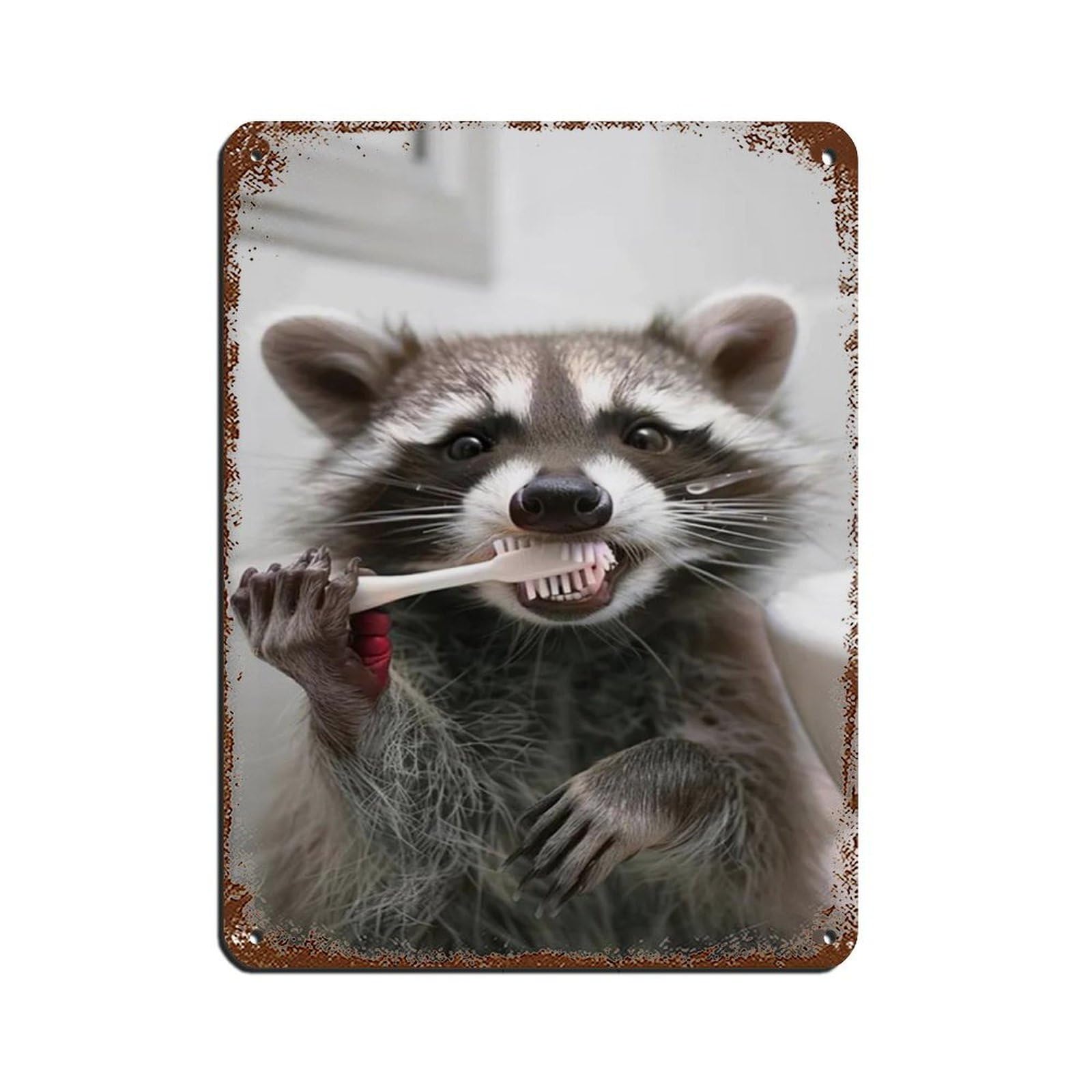 Raccoon Brushing Teeth, Hilarious Bathroom Art Retro Poster Metal Tin Sign Chic Art Retro Iron Painting Bar People Cave Cafe Family Garage Poster Wall Decoration 12x16inch(30x40cm)