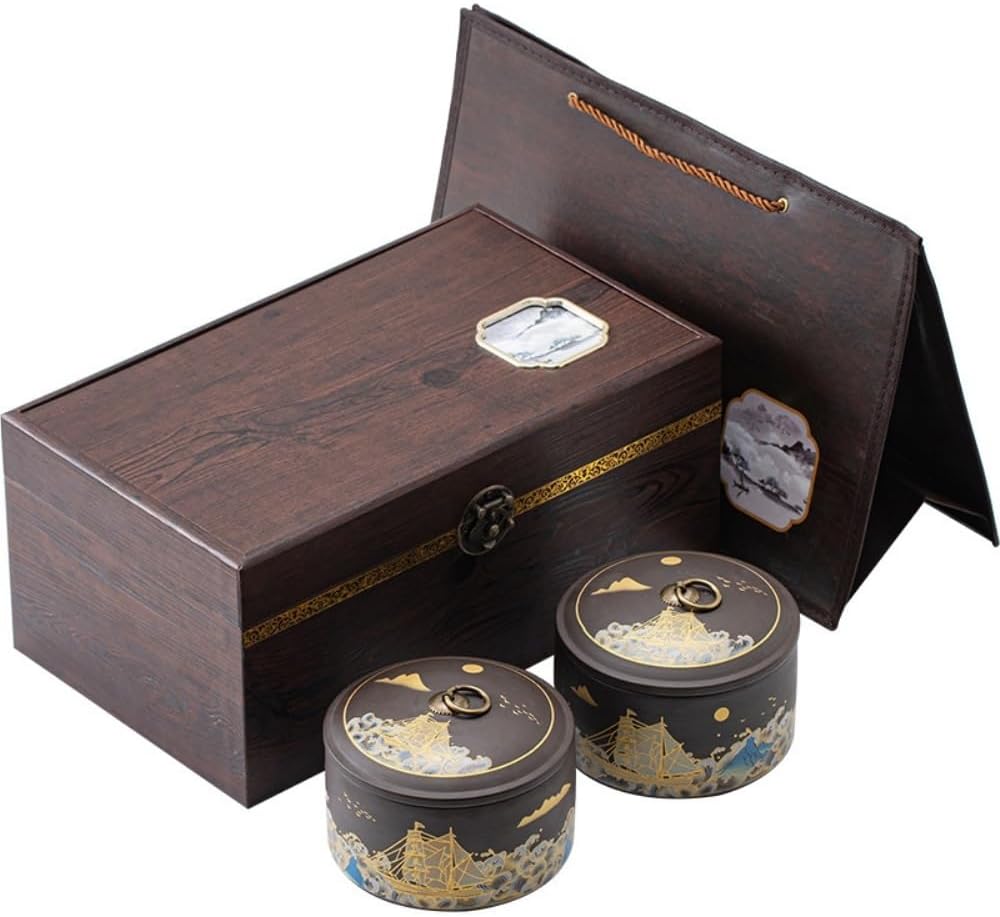 Tea Storage Ceramic Purple Sand Bulk Tea Storage Cans Tea Container Sealed Cans Retro Chinese Tea Set Double Cans Gift Box Set Kitchen Canisters