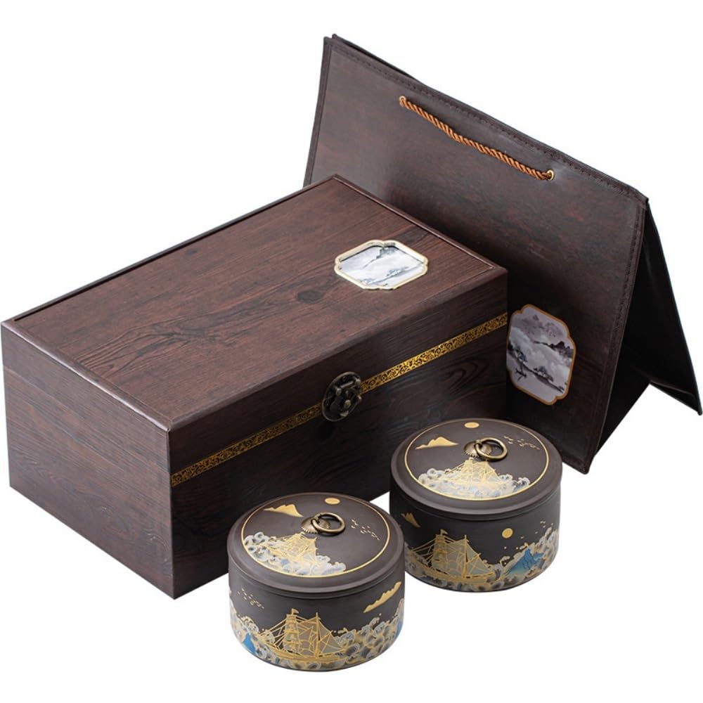 Tea Storage Ceramic Purple Sand Bulk Tea Storage Cans Tea Container Sealed Cans Retro Chinese Tea Set Double Cans Gift Box Set Kitchen Canisters
