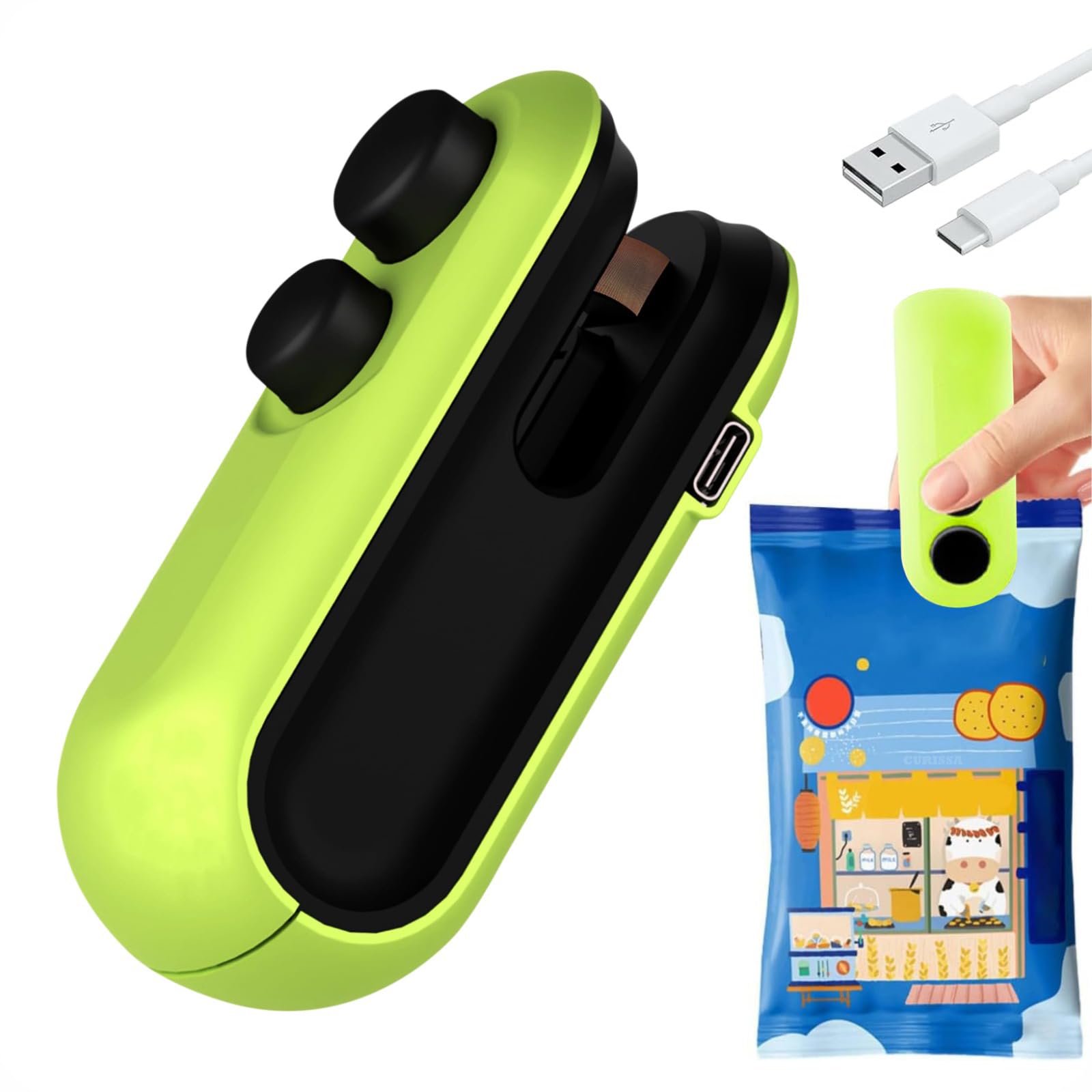 CURISSA Portable Mini Sealing Machine, Handheld Packed Sealer for Food, Snacks, Chips, Fresh Storage, Plastic Bags Sealing Machine, Rechargeable Bag Sealer (GREEN)