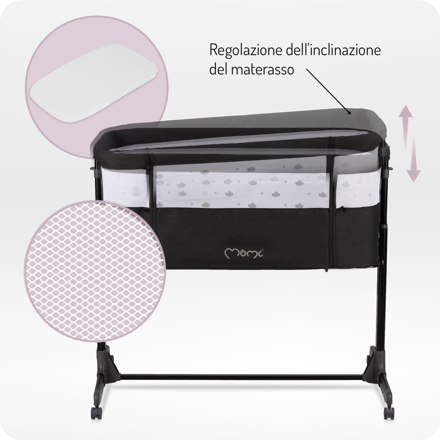 Momi REVO Lettino multifunzionale, con regolazione dell'altezza su 6 livelli da 72 a 82 cm, con rotelle, materassino incluso, cinghie di fissaggio, zanzariera e barra giochi