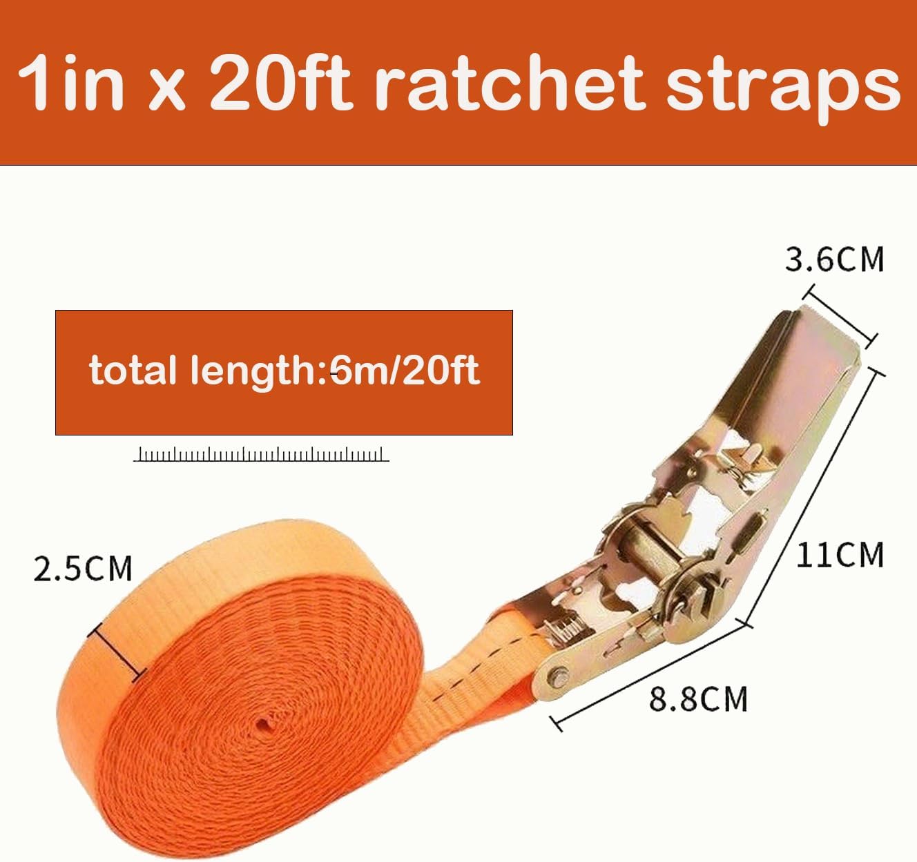 4Pcs Ratchet Straps Heavy Duty, 1” x 20ft Ratchet Strap Tie Down, Orange Tie-Down Ratcheting Cargo Truck Straps with Durable Double J Hook for for Truck, Trailers, Kayaks, Car Roof, Motorcycle