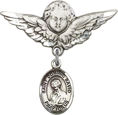 Sterling Silver Baby Badge with St. Dominic Savio Charm and Angel w/Wings Badge Pin 1 1/8 X 1 1/8 inches