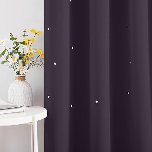 Miniatura 2 de NICETOWN Cortinas opacas con diseño de estrellas recortadas para dormitorio de niñas, con aislamiento térmico, bloqueo de luz, cortinas para