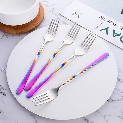 Vista 11 de Buyer Star Juego de cucharas y tenedores de acero inoxidable 18/10, cambio gradual, cuchara y tenedor de mango largo, color degradado, juego