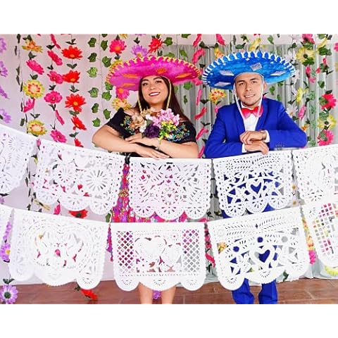 Papel Picado Wedding Garlands, Mexican Wedding Decorations, White Papel Picado Flags for Weddings, Bridal Showers, Paper Mexican Banners, Hearts, Love 5 pk | 83 feet Long | Large Size Cover
