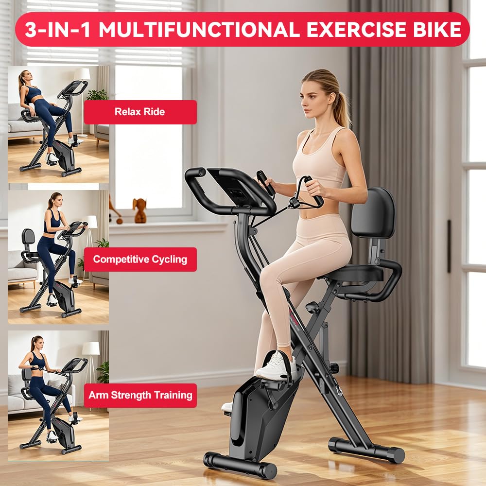 Cyclette pieghevole silenziosa (<20dB) 3 in 1 bicicletta stazionaria con 8 resistenze magnetiche, schermo LCD multifunzionale e supporto tablet, per uso domestico, altezza regolabile 155-190cm