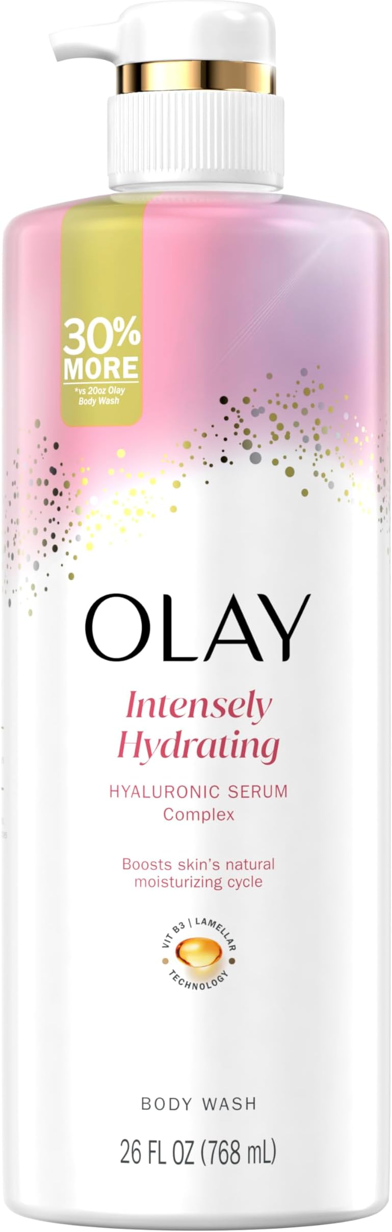 Olay Body Wash for Women, Intensely Hydrating, Hyaluronic Acid Serum Complex, Renews Moisture, Free of Parabens & Phthalates, Vitamin B3 Lameller Technology, For All Skin Types, 26 fl oz