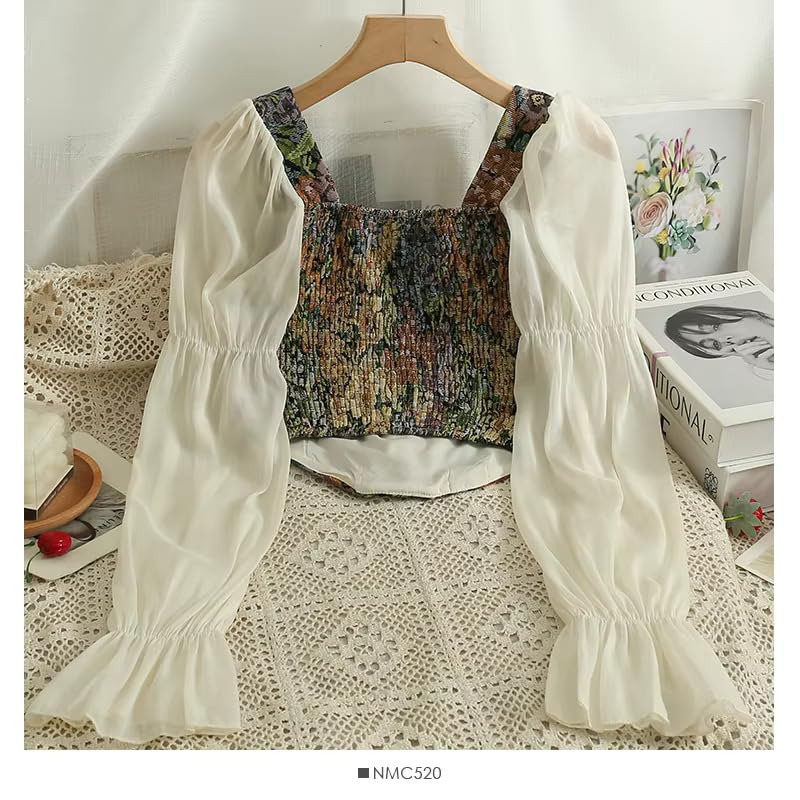 Image of ICW Women French Style Retro Vintage Lace-Up Floral Jacquard Square Neck Smock Puff Sleeve Ruffled Crop Blouse Corset Top Dn29