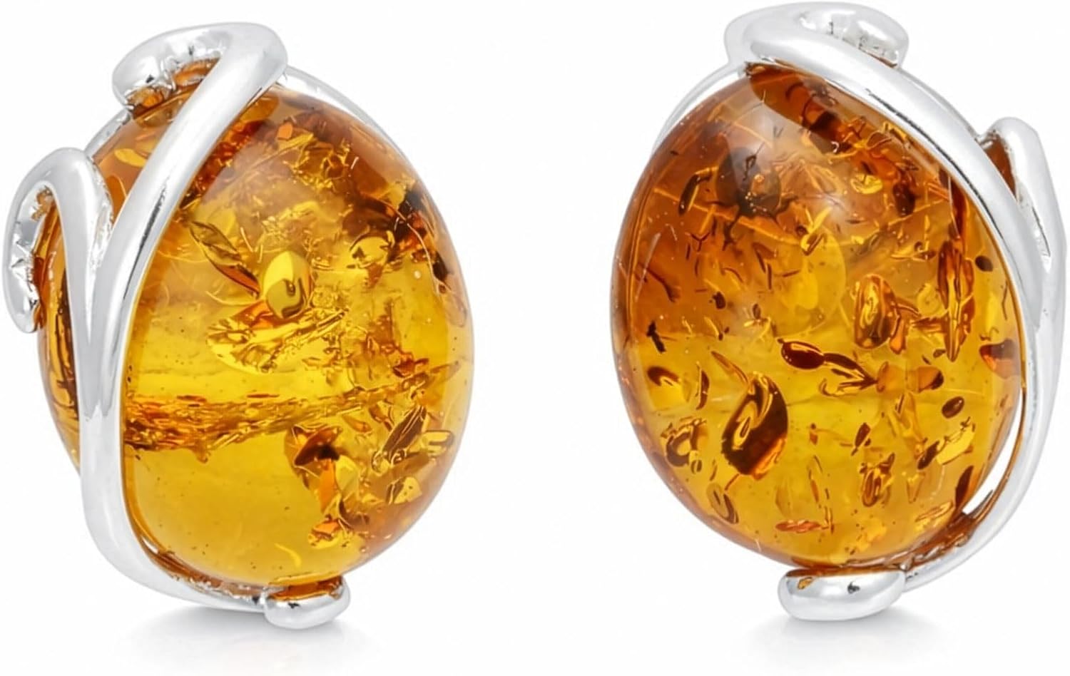 Genuine Baltic Honey Amber Stud Earrings for Women – 925 Sterling Silver Oval Cabochon Post Earrings, Natural Amber Jewelry with Certificate of Authenticity