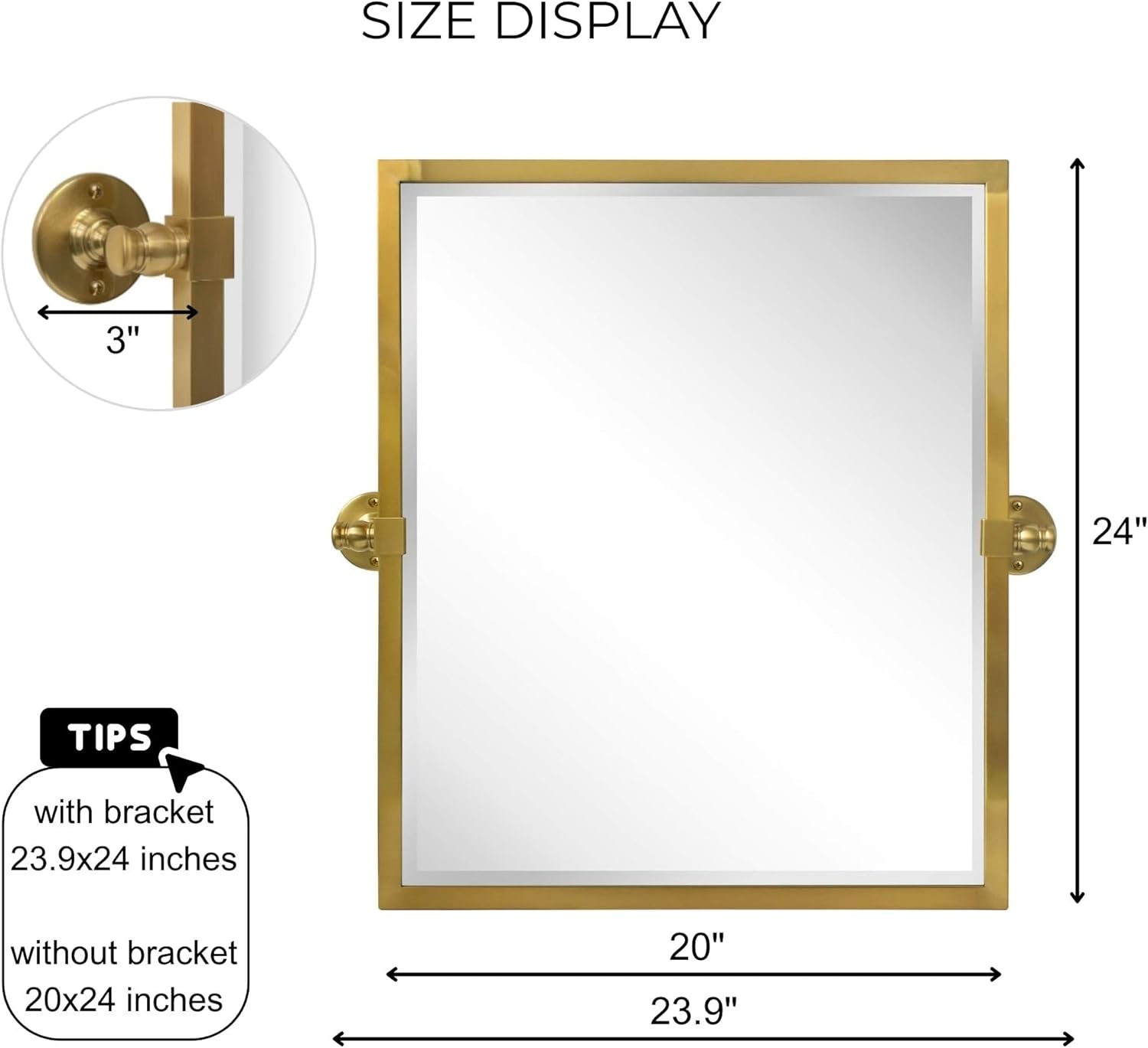 Brushed Gold Metal Framed Pivot Rectangle Bathroom Mirror Tilting Beveled Vanity Mirrors for Wall, Overall 23.9 x 24 inches (Mirrror 20 x 24 inches)