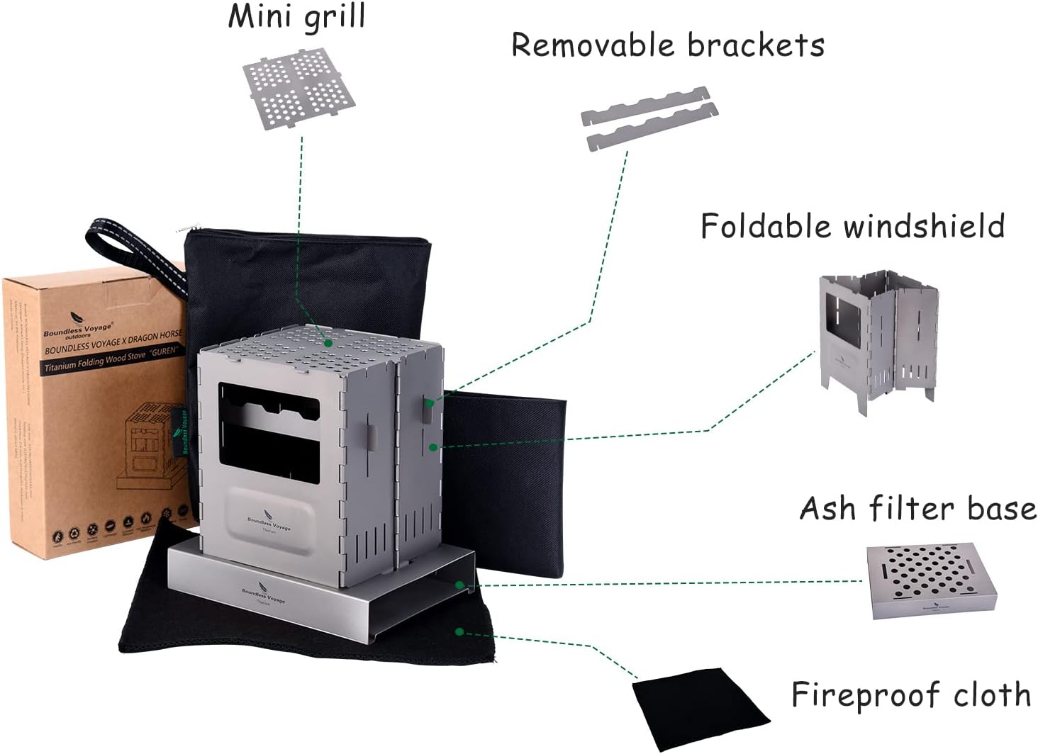 Boundless Voyage Titanium Folding Wood Stove Backpacking Stove with Pot Bracket Outdoor Camping Charcoal Burner Furnace Ti2010C