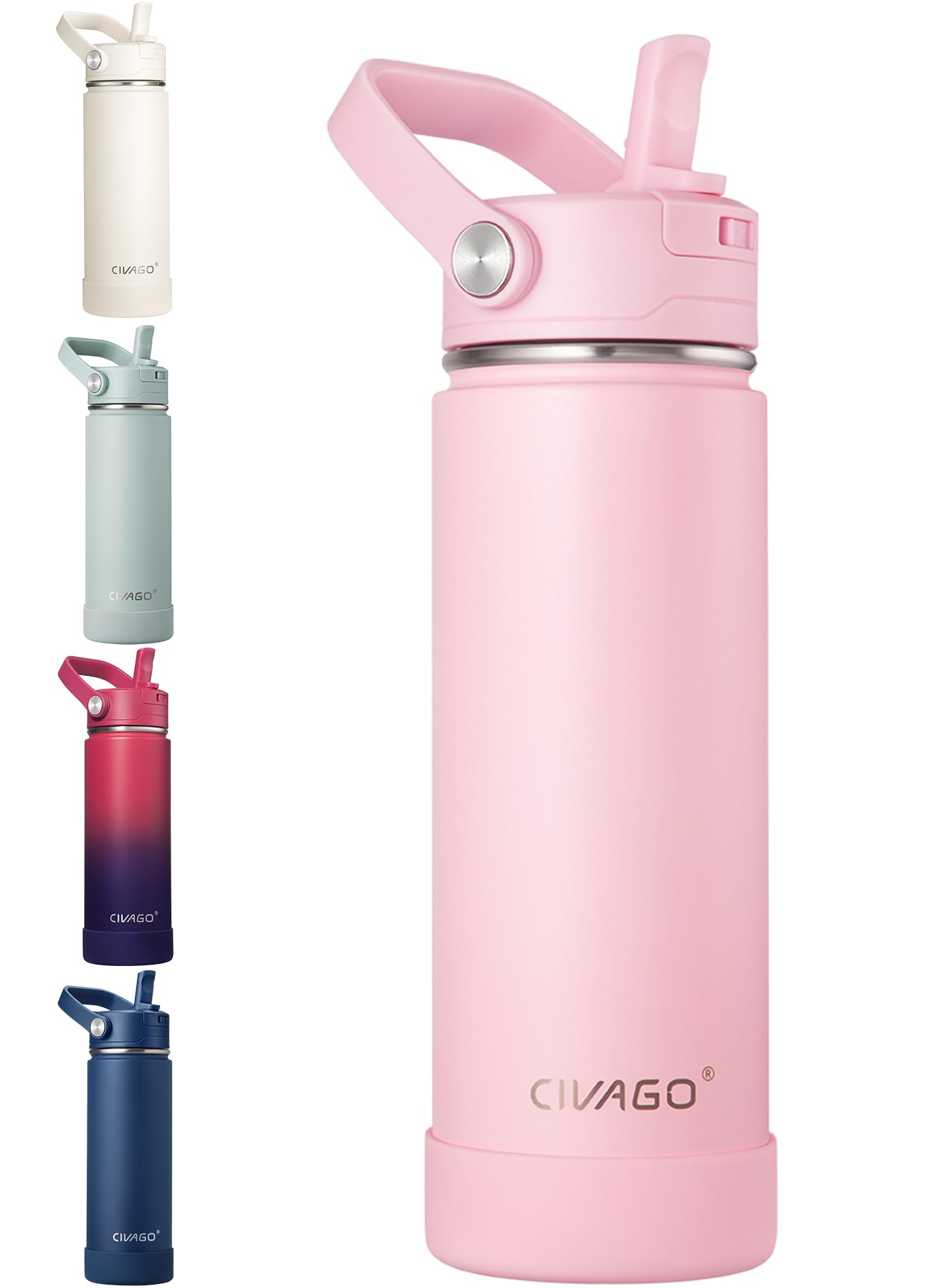 CIVAGO Insulated Stainless Steel Water Bottle with Detachable Straw, 500ml Metal Sports Drink Bottle with Bucket Handle, Leakproof Reusable Flask with Silicone Boot for School, Dishwasher Safe, Pink